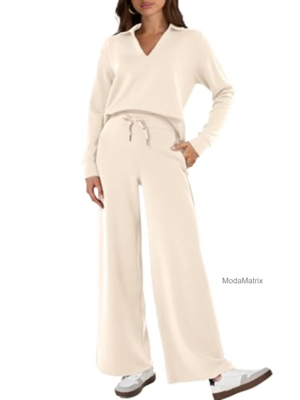 Women's 2 Piece Athletic Lounge Set Long Sleeve Polo Shirt Wide Leg Pants